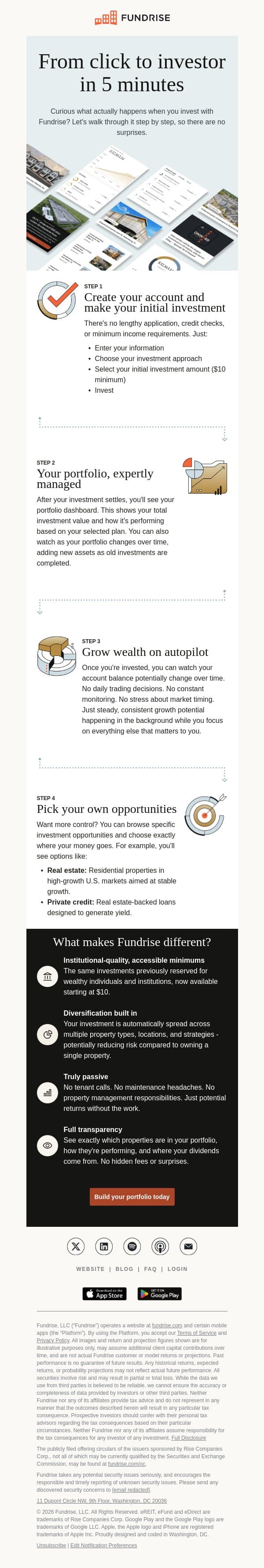 What happens when you invest with Fundrise email from Fundrise screenshot