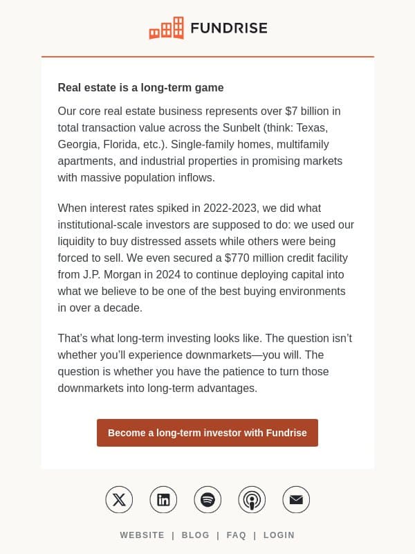 Staying the course in real estate investing email from Fundrise