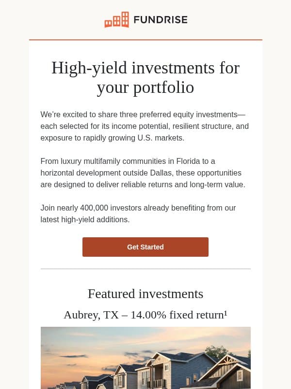 Investments delivering 13–14%¹ fixed returns email from Fundrise