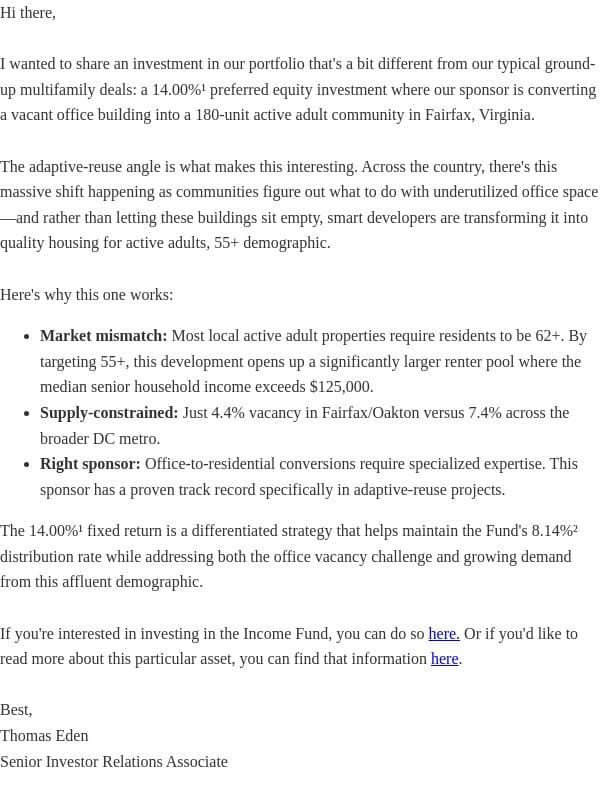 14.00% Fixed Returns in Northern Virginia Real Estate email from Fundrise