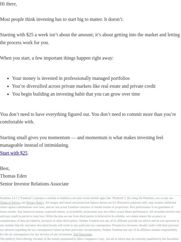 Built for first-time investors email from Fundrise