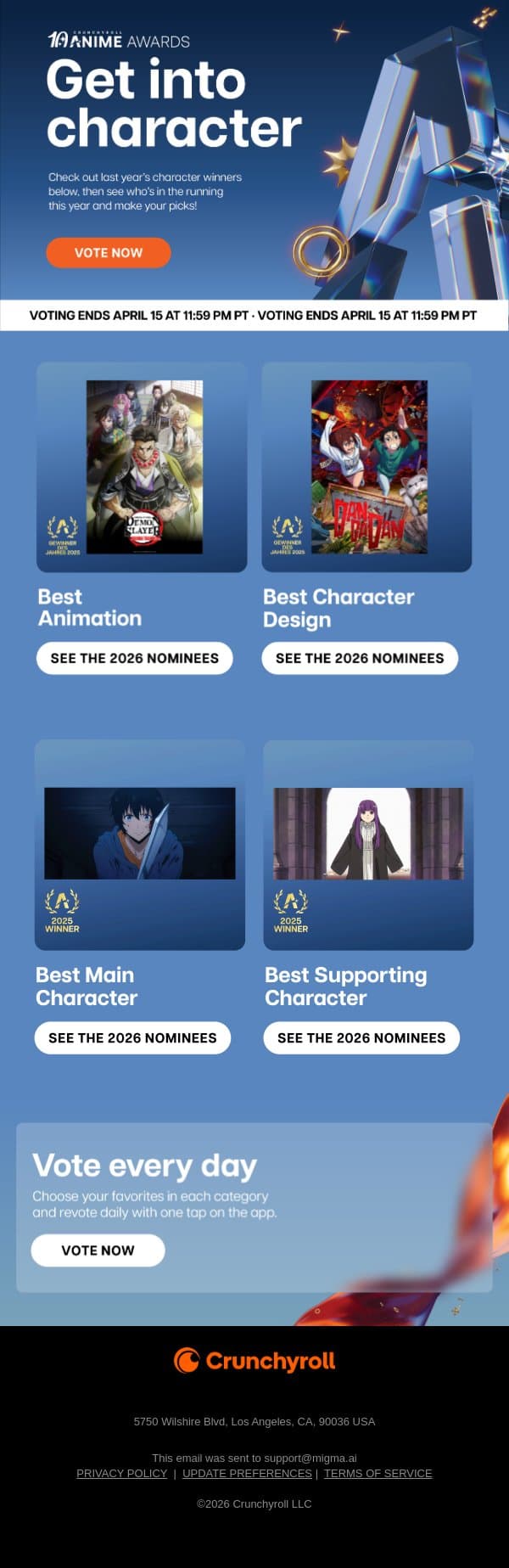 š„Vote for Animeās Best Characters email from Funimation screenshot