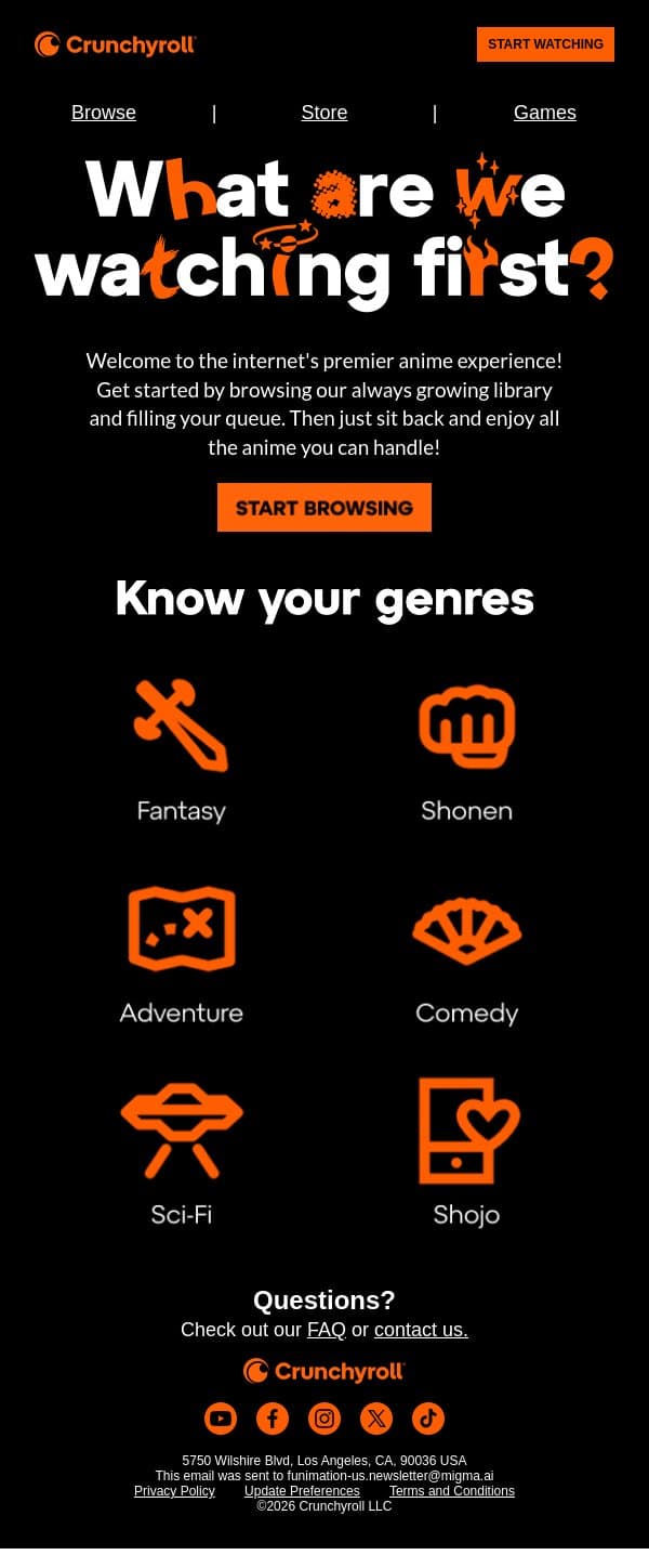 Welcome to Crunchyroll! email from Funimation screenshot
