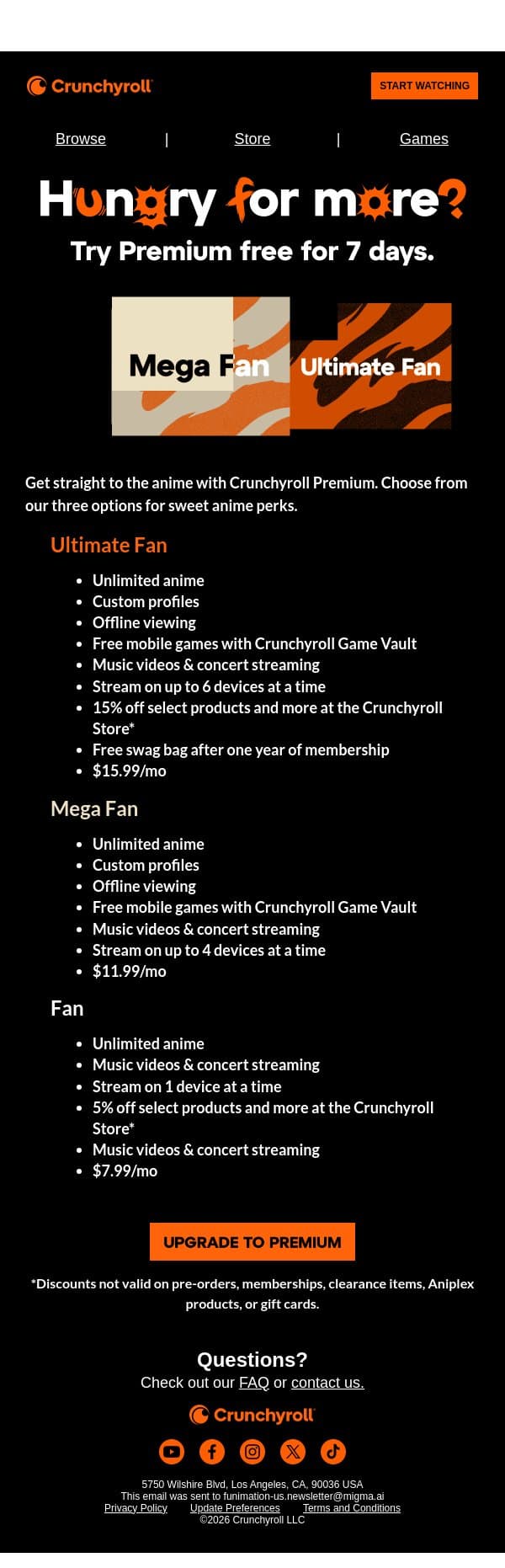 Upgrade Your Anime Experience email from Funimation screenshot