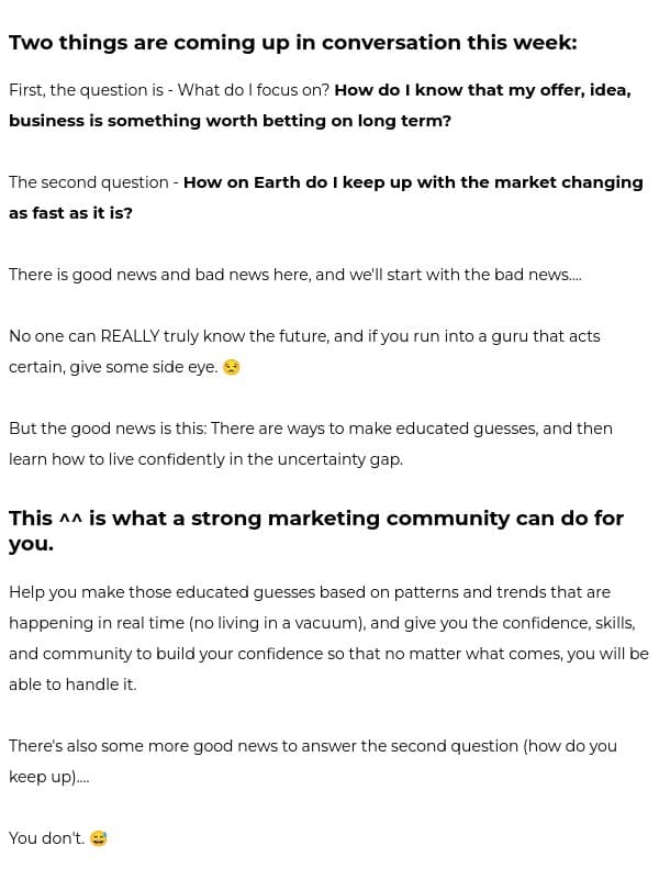 If You Feel Unsure & Behind, You Are Not Alone email from Funnel Gorgeous