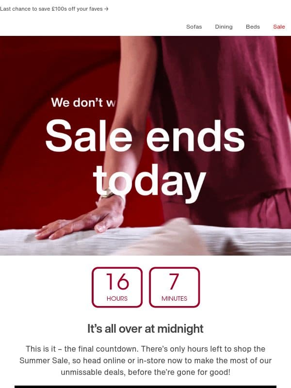 ⏰ Sale Ends Today: Don't miss summer savings! email from Furniture Village