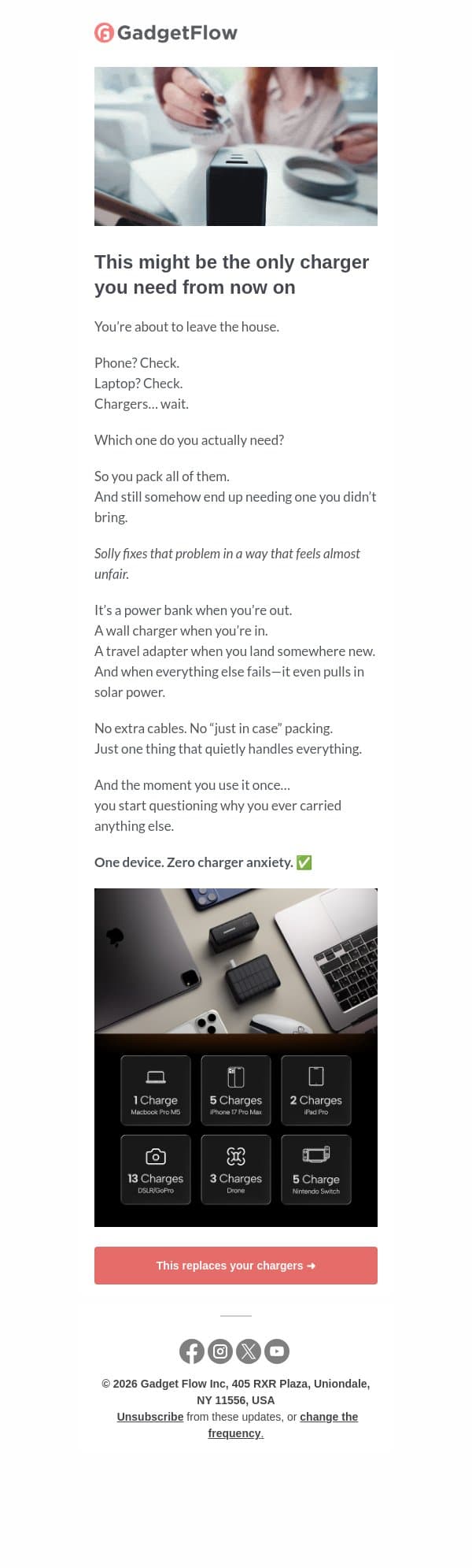 Stop packing 5 chargers. This does it all. π email from GadgetFlow screenshot