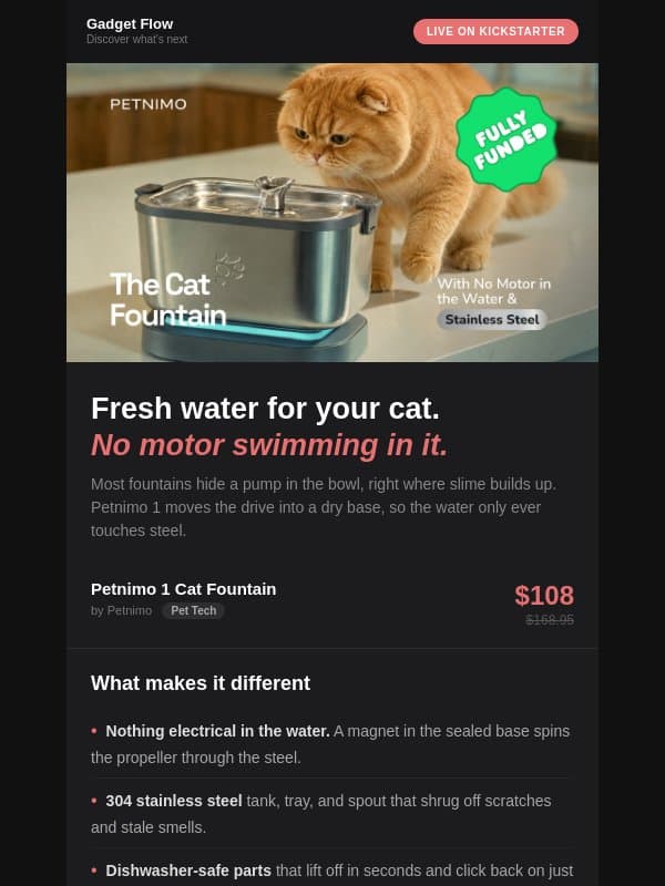 35% off this steel cat fountain (Early Bird) email from GadgetFlow