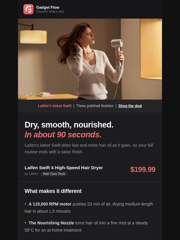 Wet to dry in 90 seconds email from GadgetFlow