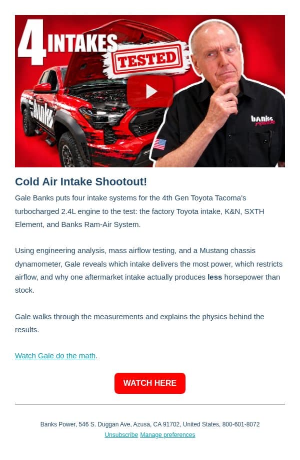 We Dyno Tested 4 Cold Air Intakes. One LOST Horsepower! email from Gale Banks Engineering screenshot