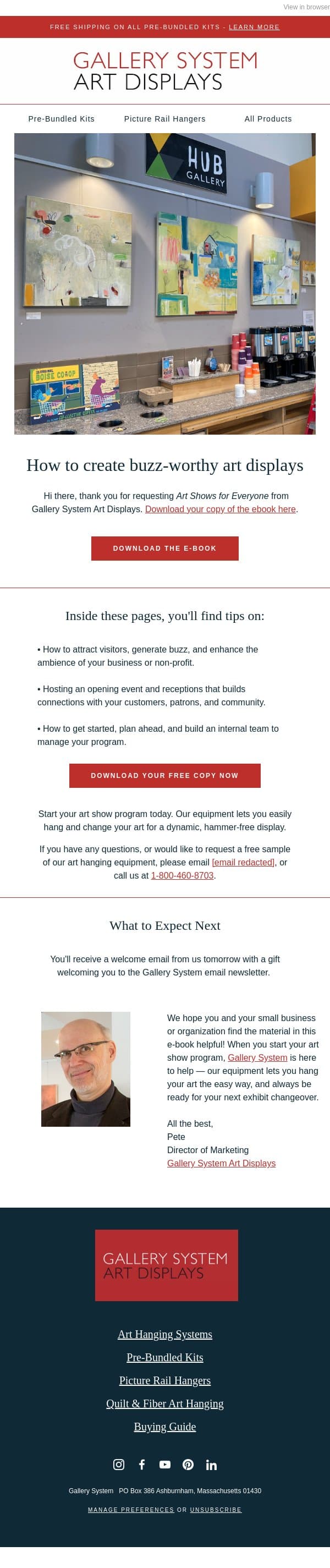 Your free copy of Art Shows for Everyone is here! email from Gallery System screenshot