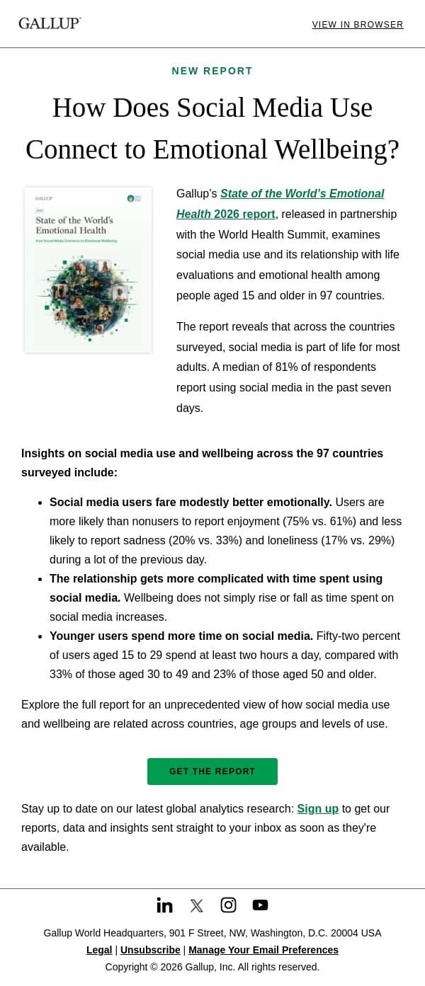 New Report: State of the World’s Emotional Health 2026 email from Gallup screenshot