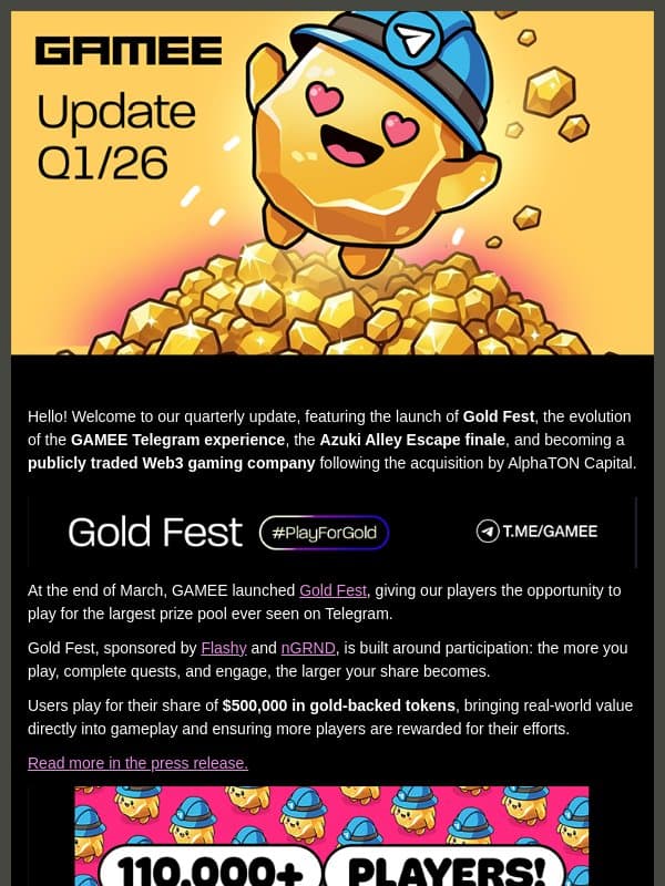 GAMEE Update Q1/26 | AlphaTON, $500k Gold Fest, and What's Next email from Gamee