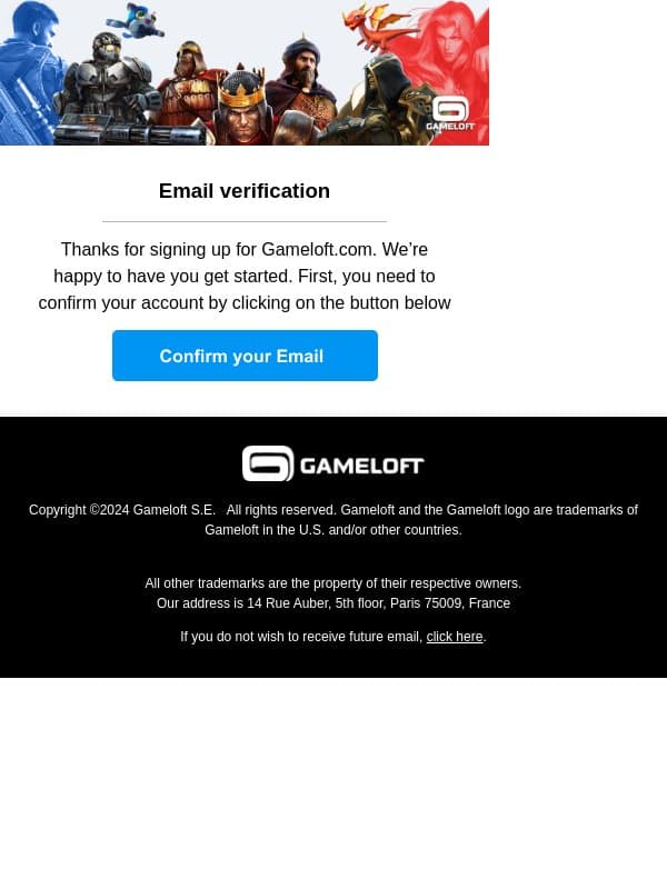 Gameloft newsletter - Verification email from Gameloft screenshot