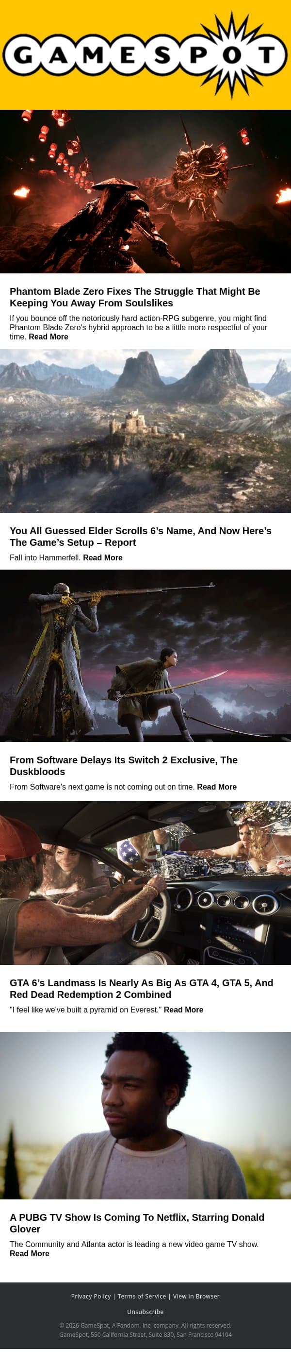 A PUBG show starring Donald Glover? Plus: Elder Scrolls 6, GTA 6, & more 🎮 email from GameSpot screenshot