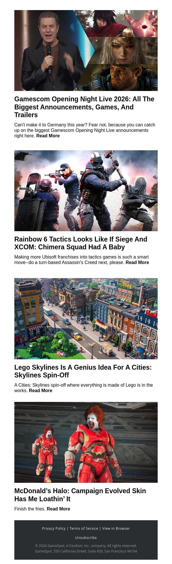 Everything You Missed At Gamescom 2026 email from GameSpot screenshot