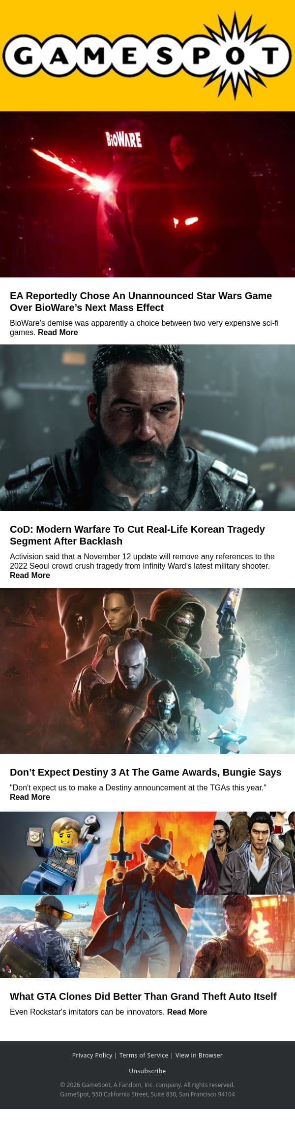 EA picked Star Wars over Mass Effect? Plus: Modern Warfare, Destiny 3, & more 🎮 email from GameSpot screenshot