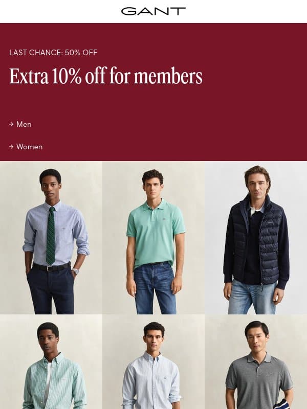 Last chance: Sale 50% off ends tonight email from Gant
