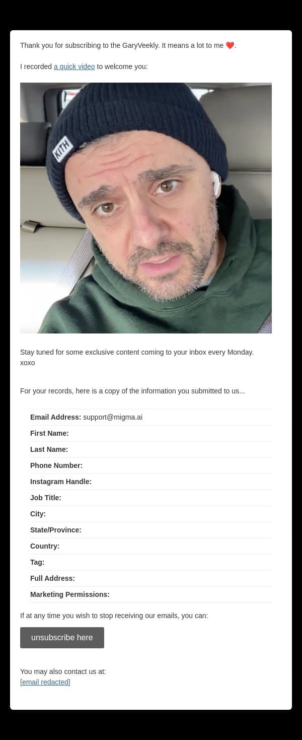 GaryVIP: Subscription Confirmed email from Gary Vaynerchuk screenshot