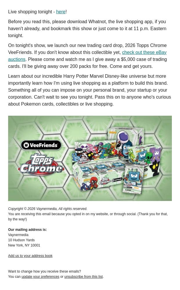 Free Education on Live Shopping Tonight at 11pm ET + Free Collectibles, Too email from Gary Vaynerchuk screenshot