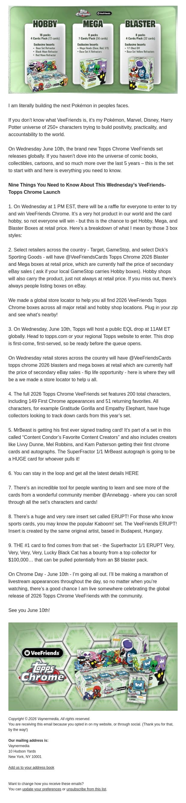 9 Things You Need to Know About This Wednesday’s VeeFriends-Topps Chrome Launch email from Gary Vaynerchuk screenshot