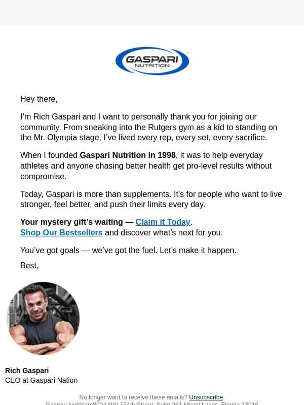 Thank you for Joining! email from Gaspari Nutrition