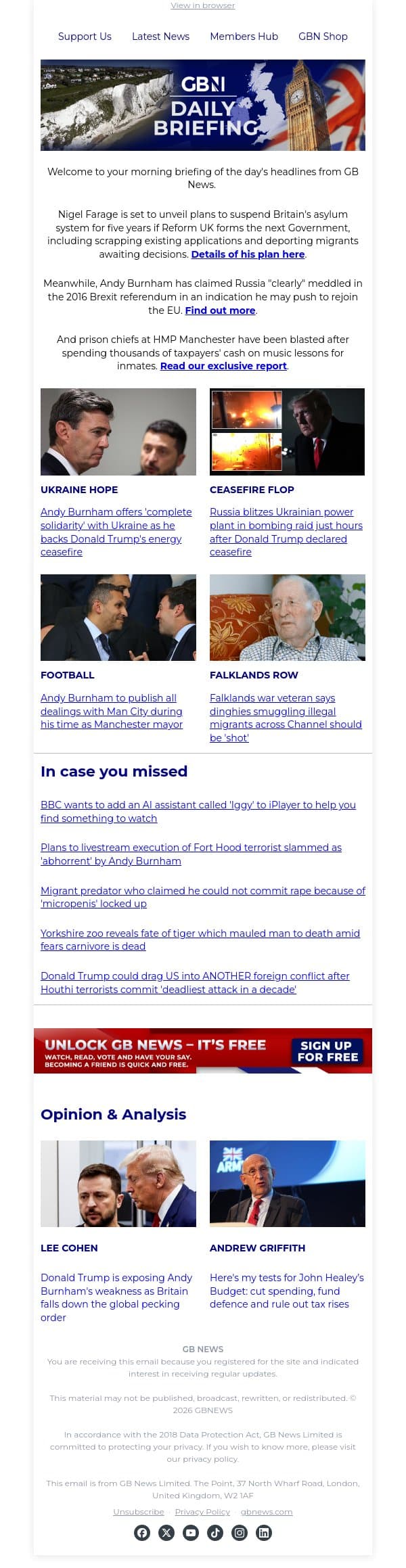 Farage vows to shut entire asylum system and deport 90,000 migrants email from GB News screenshot