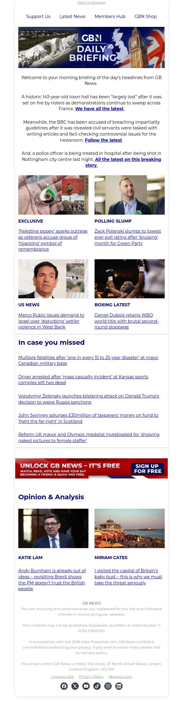 Historic town hall destroyed in night of chaos in France email from GB News screenshot