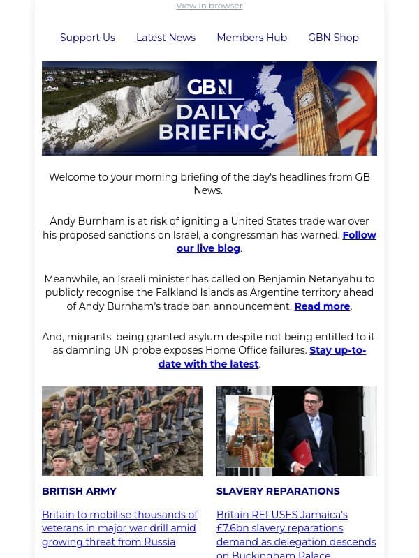 Burnham warned against igniting US trade war over Israeli settlement sanctions email from GB News