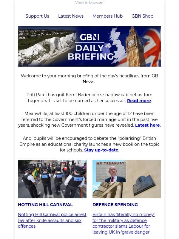 Patel quits Badenoch's top team as Tugendhat to be named shadow foreign secretary email from GB News