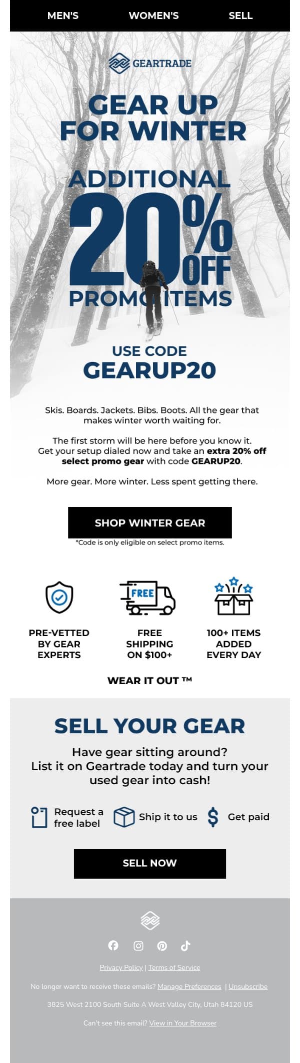 Ski season is coming. Save 20% ❄️ email from Geartrade screenshot