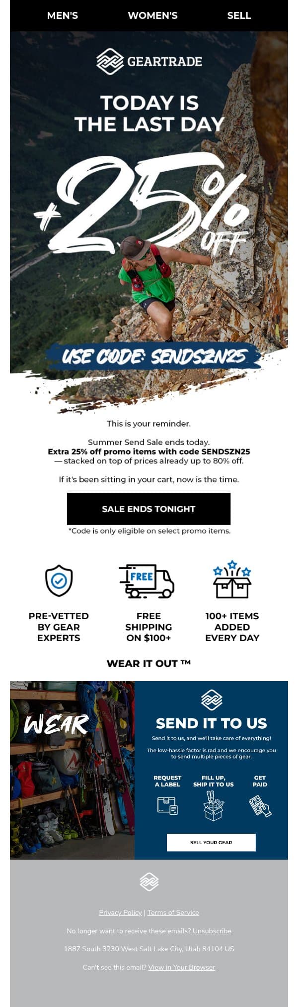 Last day. Code SENDSZN25. ๐ email from Geartrade screenshot