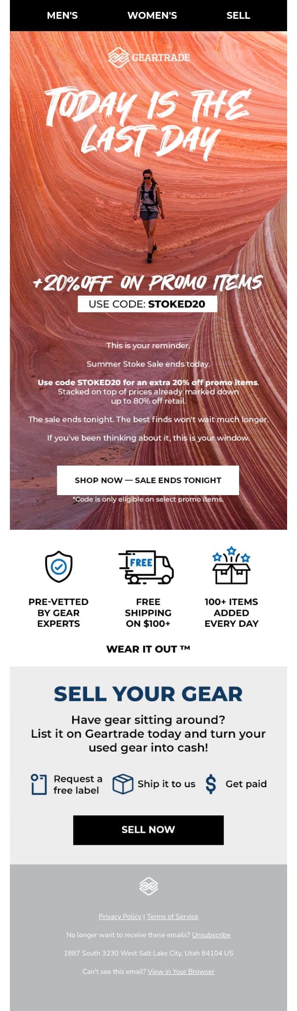 Last day. STOKED20. ๐ email from Geartrade screenshot