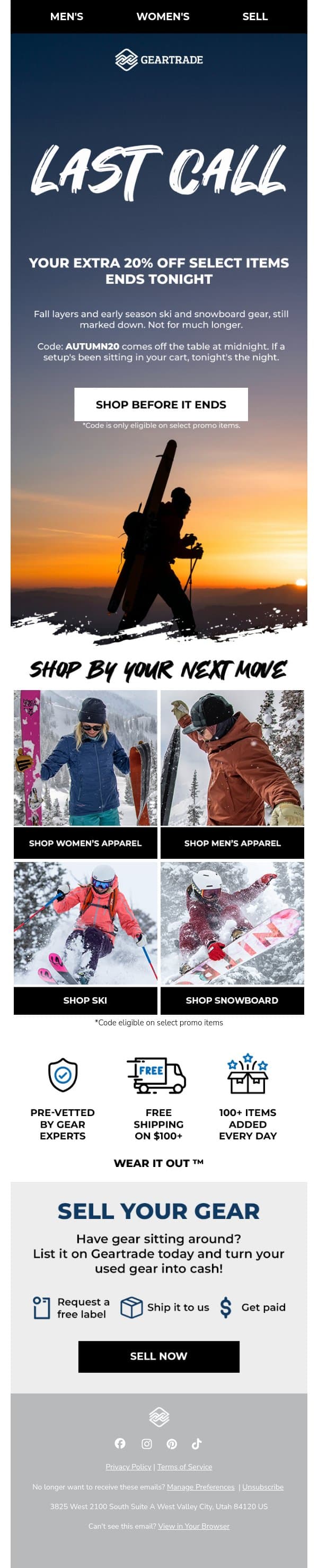 Last call: 20% off fall + ski gear ⏳ email from Geartrade screenshot
