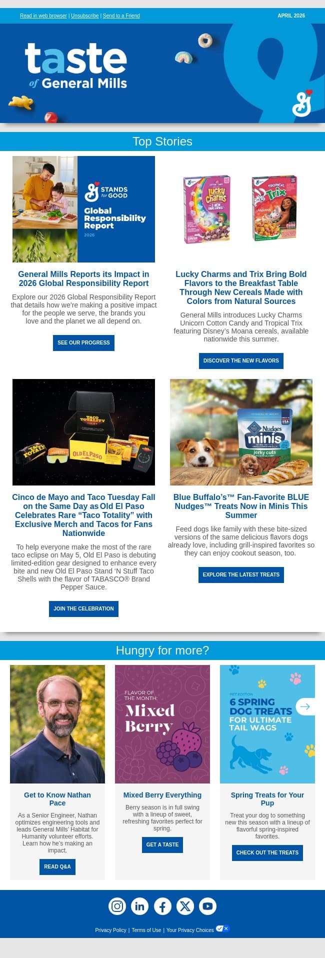 Dive into our latest impact report, new Lucky Charms and Trix cereals, and a rare Taco Totality celebration email from General Mills screenshot