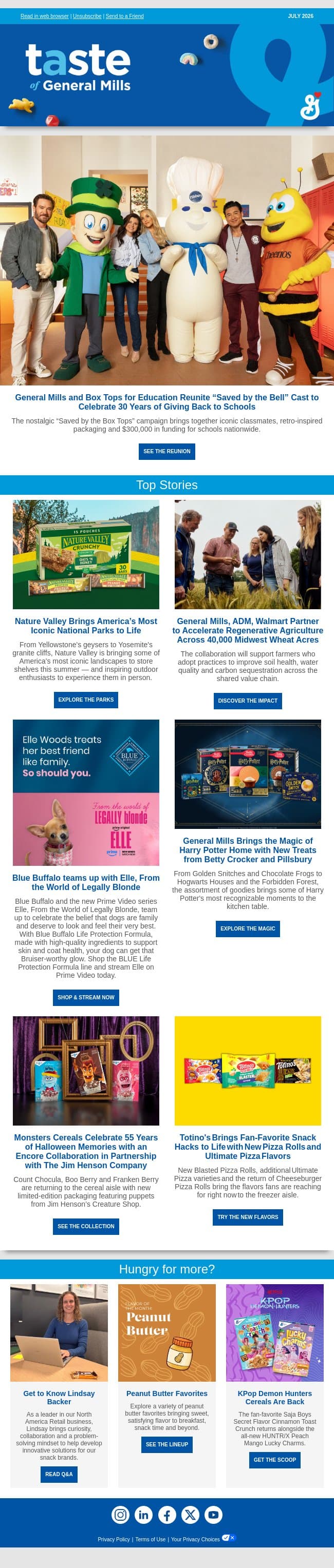Discover a nostalgic reunion, National Park adventures, magical Harry Potter treats and bold new flavors email from General Mills screenshot