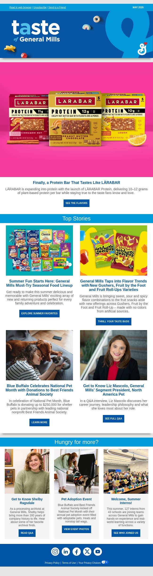 A new protein bar drop, unexpected fruit snack flavors, summer must-haves and more email from General Mills screenshot