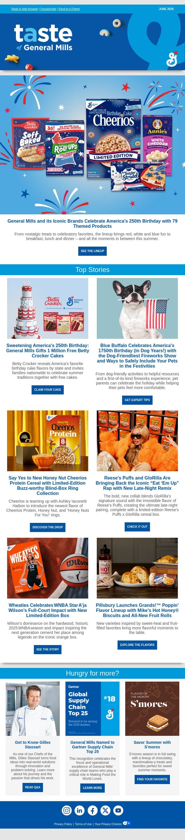 Discover how General Mills is celebrating America’s 250th birthday, a buzz-worthy cereal drop, iconic collaborations & bold flavors email from General Mills screenshot