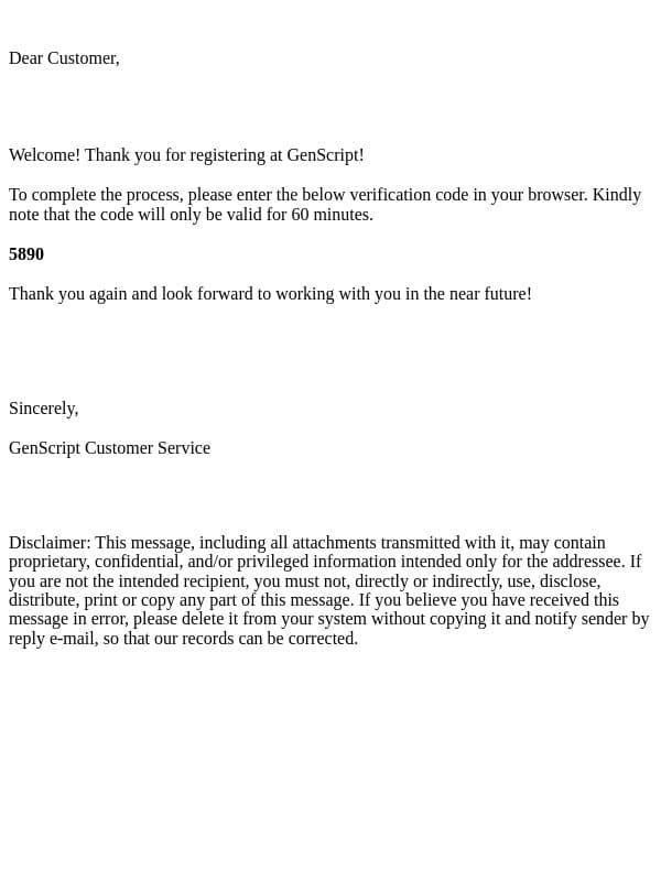 Genscript Verification Code email from Genscript