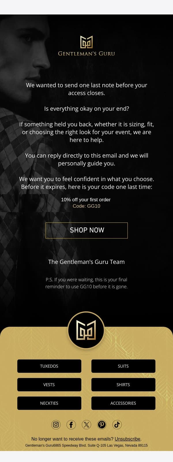 Last call for your 10% email from Gentleman's Guru screenshot