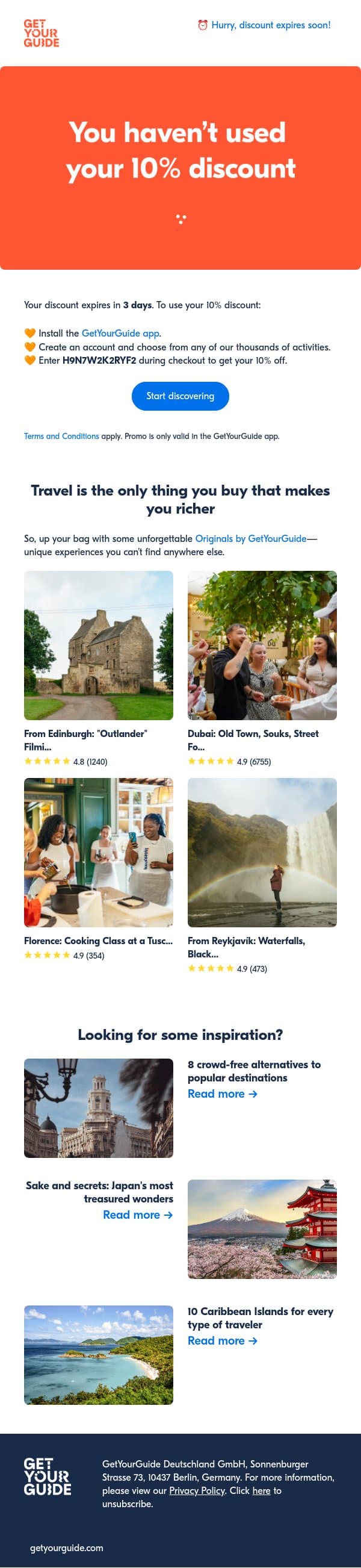 ⏰ Last chance: 10% discount code expires soon email from GetYourGuide screenshot