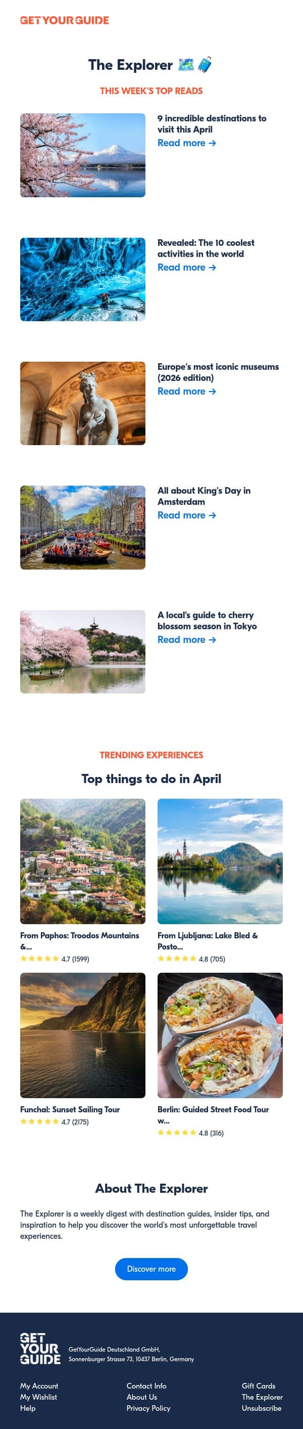 The ultimate April travel list 🌻 email from GetYourGuide screenshot