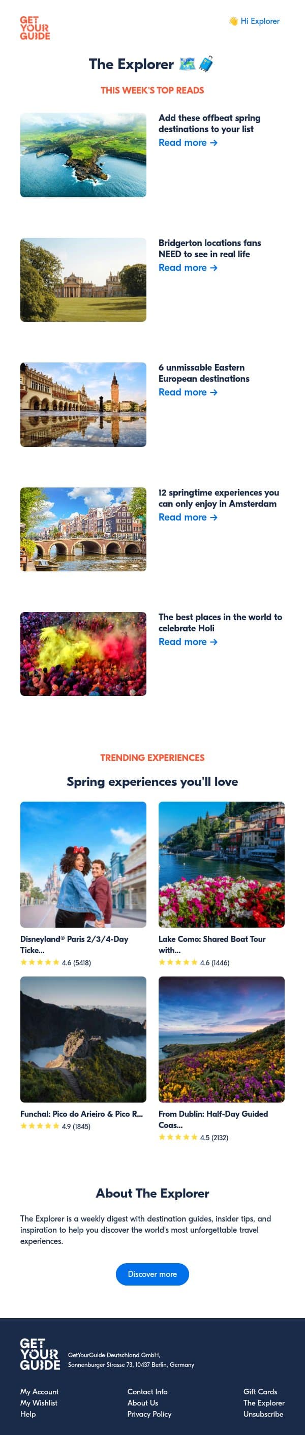 🌸 10 offbeat places to visit this spring email from GetYourGuide screenshot