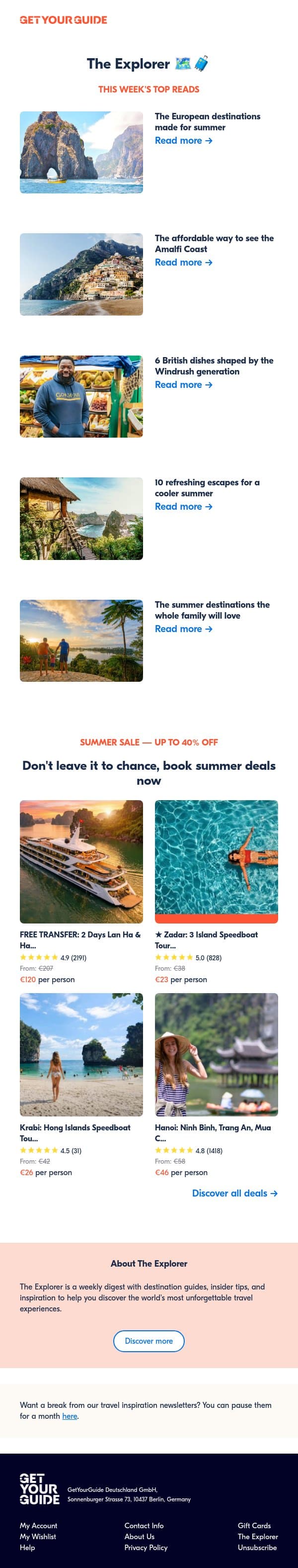 The summer hot list ☀️ email from GetYourGuide screenshot