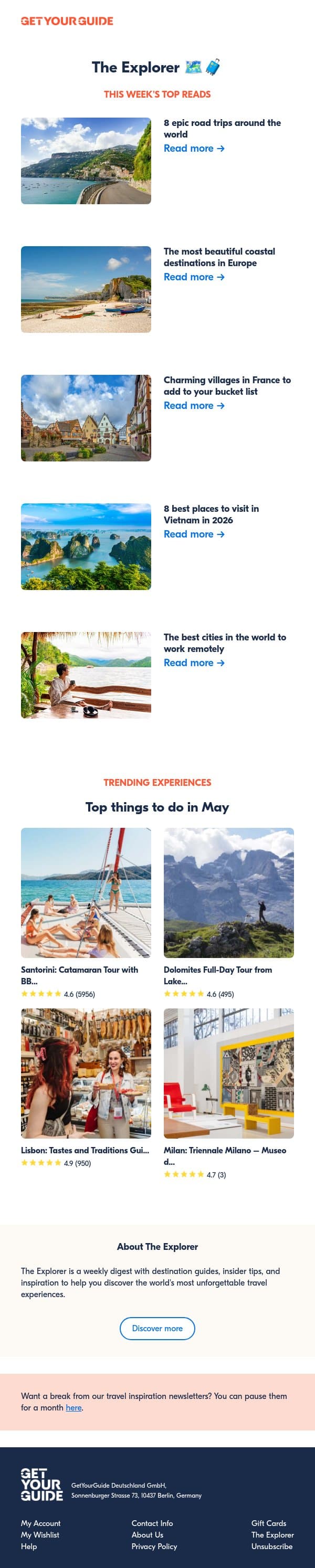 🚗 8 once-in-a-lifetime road trips email from GetYourGuide screenshot