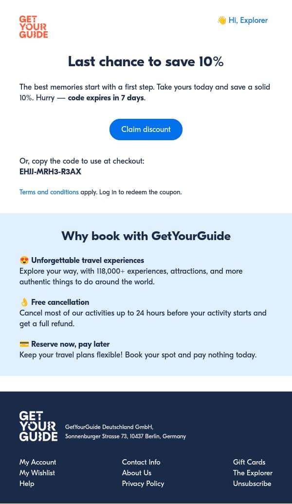 ⏰ Don’t miss out — 10% off ends soon! email from GetYourGuide screenshot