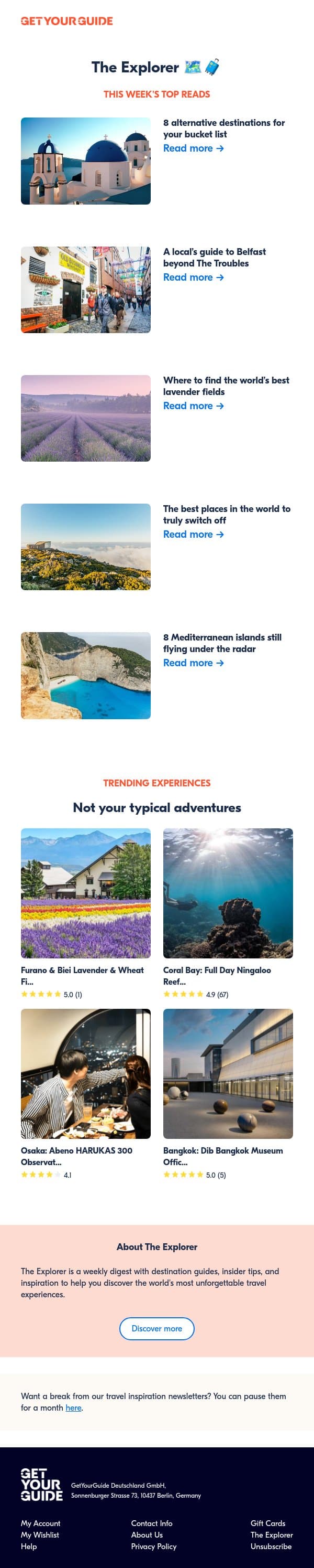 The alternative escapes on the rise email from GetYourGuide screenshot