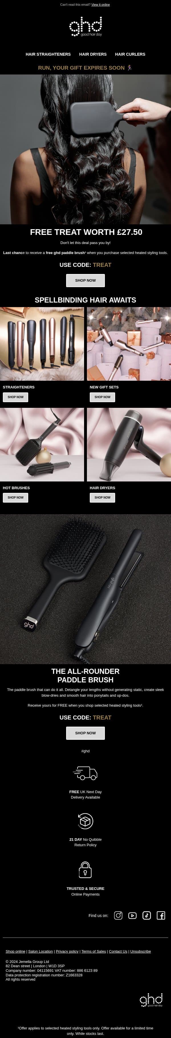 Free Treat Expires Soon ⌛ Don't Ghost This Offer email from GHD screenshot