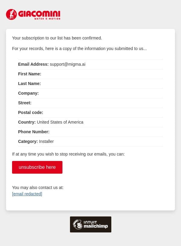 Giacomini International newsletter: Subscription Confirmed email from Giacomini screenshot