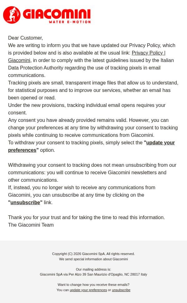 Customer Privacy Notice Update – Giacomini S.p.A. email from Giacomini screenshot